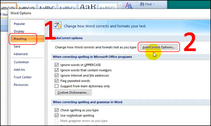 Chọn Auto Correct Options